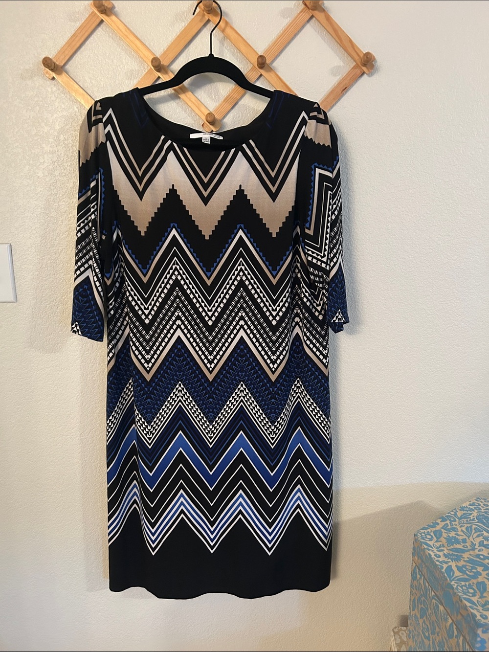 Studio One Chevron Dress in Blue, Black, Cream, and White.